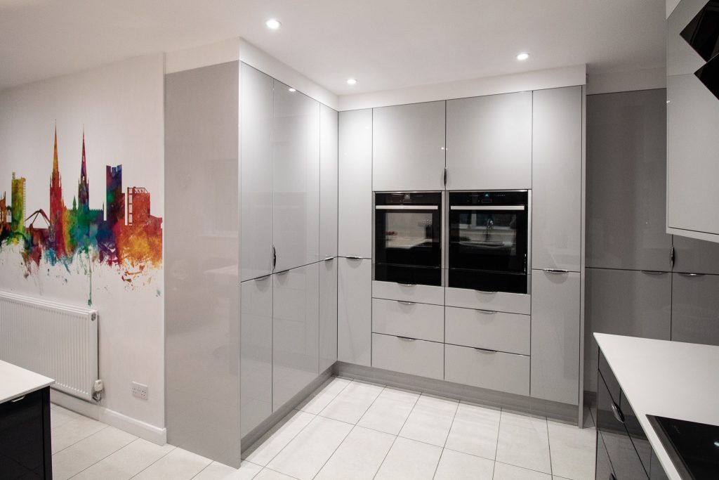 Gloss Kitchen in Light Grey and Carbon, Supplied and Installed by Noble Kitchens, Coventry and Warwickshire