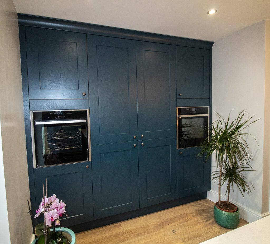 Monarch Oak shaker kitchen in Deep Ocean, designed, supplied and installed by Noble Kitchens, Coventry and Warwickshire